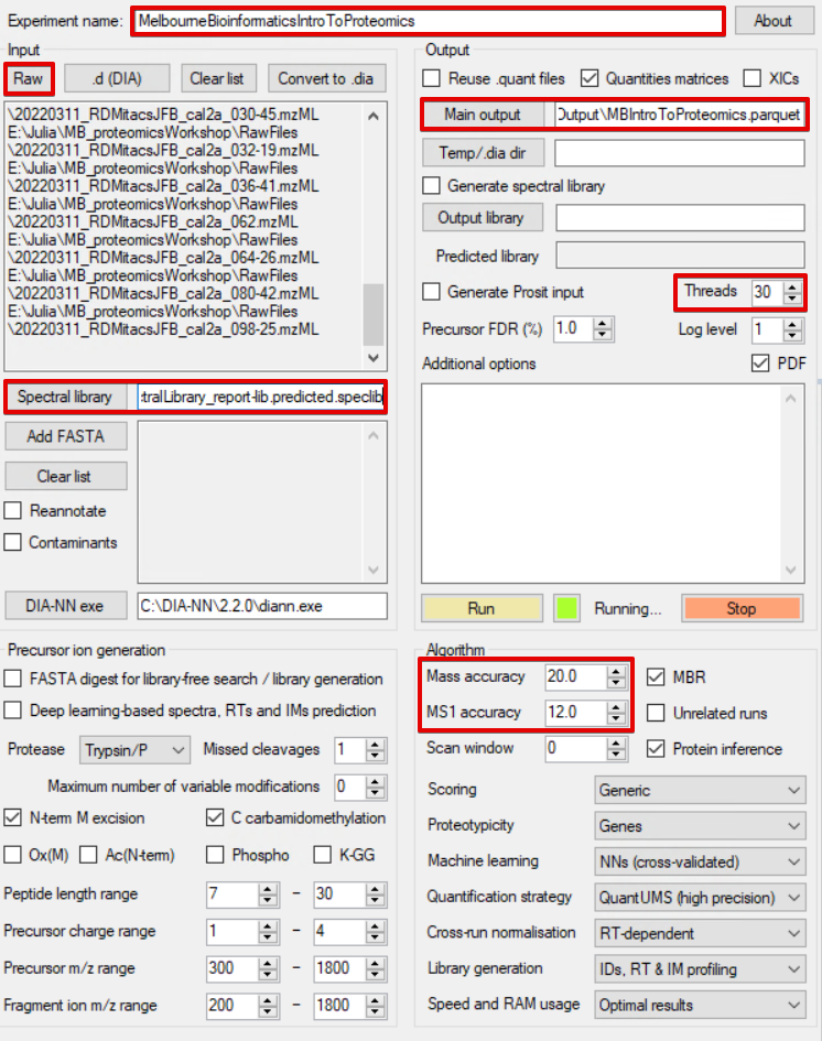 Example of the DIA-NN GUI used to analyse the data described in this tutorial. Settings which have been altered from the default are highlighted in red.