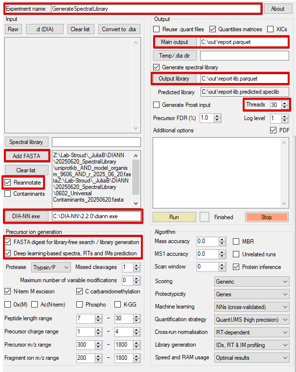 Example of the DIA-NN GUI used to generate a predicted spectral library. Settings which have been altered from the default are highlighted in red.